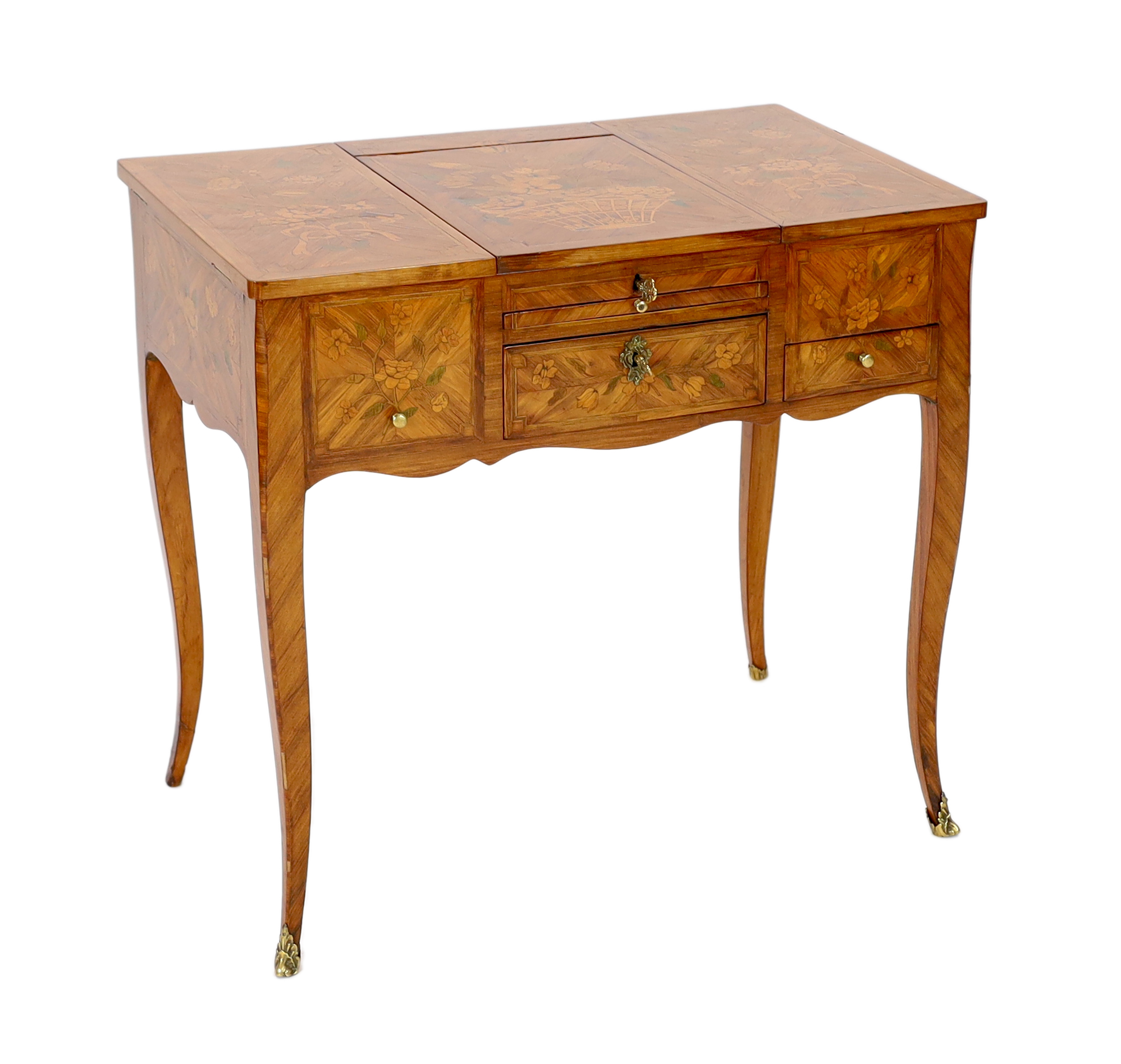 A Louis XV marquetry inlaid kingwood poudreuse, 76cm wide, 46.5cm deep, 71cm high, Please note this lot attracts an additional import tax of 5% on the hammer price